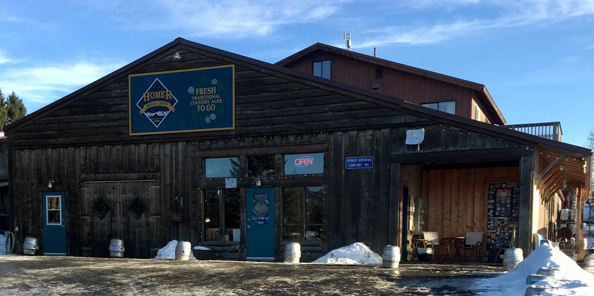 Homer Brewing Company's rustic brewery building in Homer, Alaska